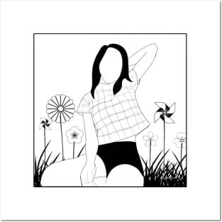 MINIMALIST GIRL PORTRAIT IN A BOX FLOWERS BLACK AND WHITE LINEART Posters and Art